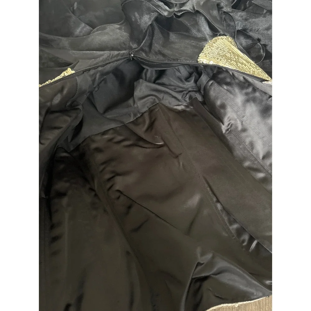 Vintage y2k PANOPLY Gold Sequin Strapless Black Ruffle High Low Gown Size 6 NWT - Picture 9 of 12